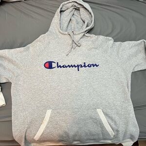 Champion Gray Hoodie with Blue and Red Logo